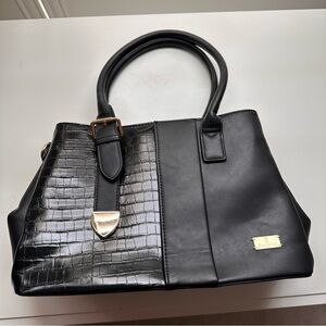 Black handle purse with gold hardware and faux croc detailing